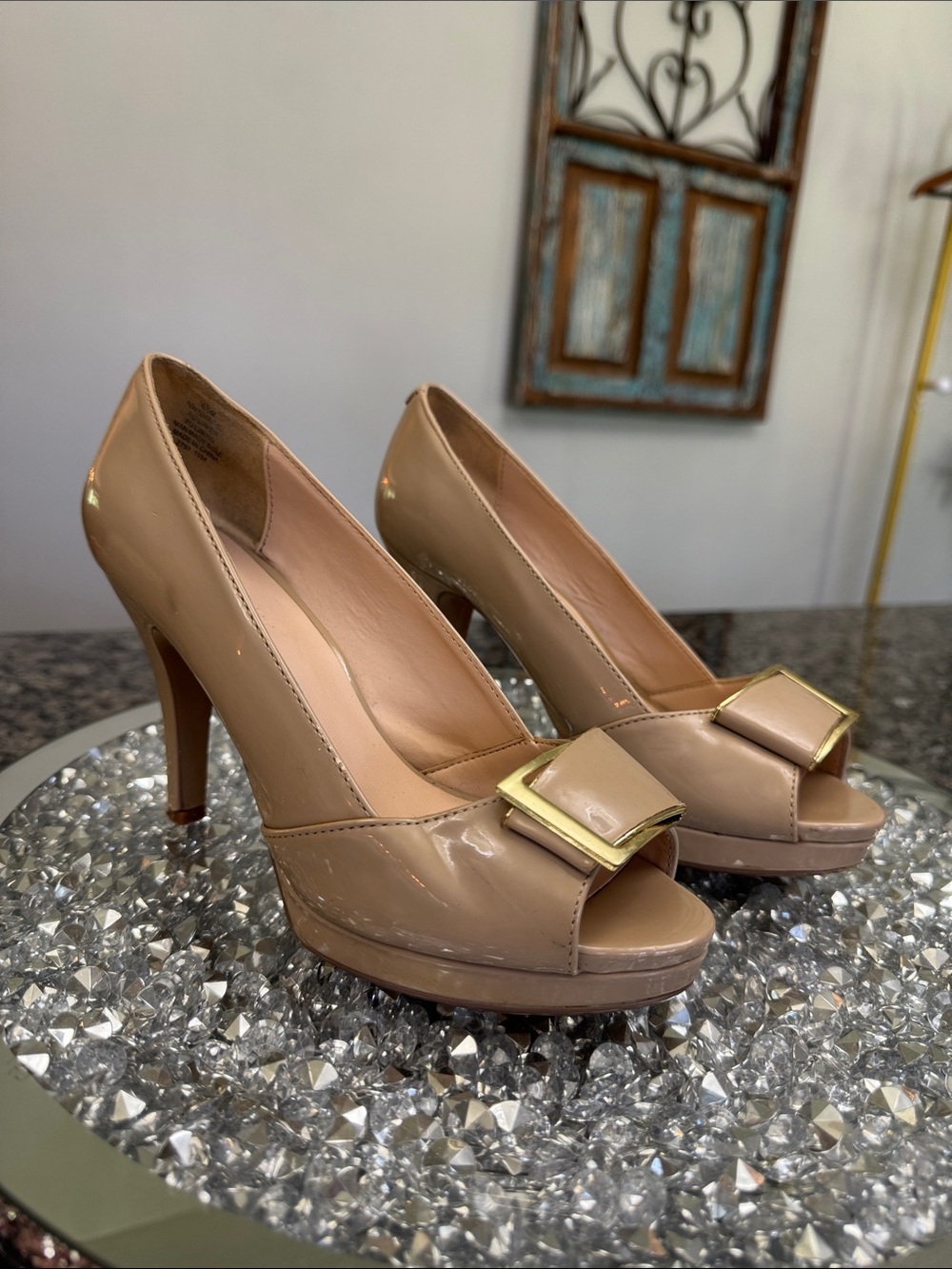 Nine West Nude Patent Peep-Toe Heels with Gold Buckle Accent 6.5